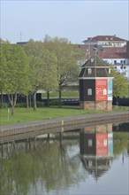 Old Saar Crane with reflection in the Saar, Crane, Saar bank, Building, octagonal, Saarbrücken,