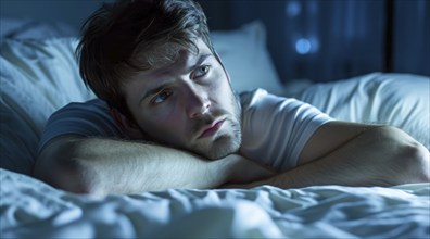 Insomnia of a stressed depressed man lying sleepless in bed. Sleep disorder, AI generated