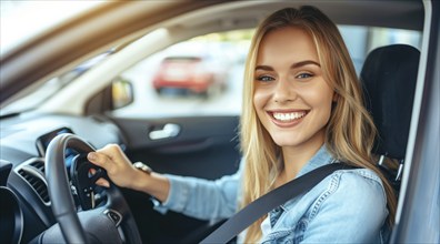 Happy car ownership, beautiful lady holding car keys from the new car, AI generated