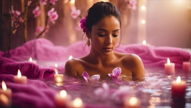 Beautiful woman taking aroma bath with candles in a luxurious upscale wellness spa, AI generated