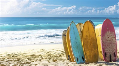 Surfboards stuck in the sand on the beautiful beach with ocean waves in the background, AI