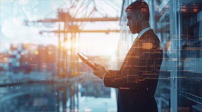 Confident business manager observing construction project progress in downtown financial centre, AI