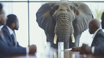 Elephant in the room, a concept of ignoring problems and difficult situations, AI generated