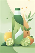 Minimalist illustration of abstract shapes and vibrant colors representing healthy drink and food,