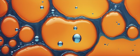 Illustration of oil and water bubbles floating serenely juxtaposed against a vivid orange