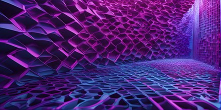 Abstract rendering of organic grid structure in a complex pattern in blue and magenta colors, AI