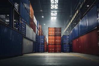 Stack of metal shipping containers aligned in a modern warehouse, AI generated