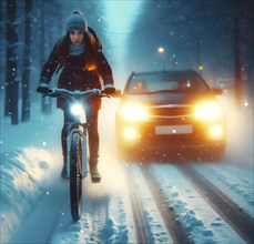 A cyclist rides in front of a car with her headlights switched on in the dark in snow, generated