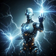 A humanoid robot is charged with energy and sprays lightning, symbolic image electricity,