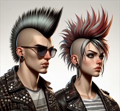 A male and a female punk with punk hairstyle, mohawk, leather clothes and piercing, symbolic image