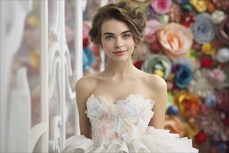 Young bride with white and pastel colored unusual wedding dress. KI generiert, generiert AI