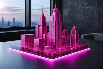 Hologram pink skyscraper architecture wireframe on table, ai generated, AI generated