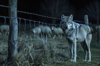 A wolf stands at a pasture fence at night and observes a grazing flock of sheep, symbolic image for