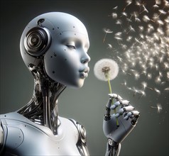 A female humanoid robot holds a dandelion in her hand and blows away the seeds, symbolic image