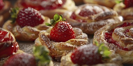 Close up of pastries with strawberry fruits. KI generiert, generiert, AI generated