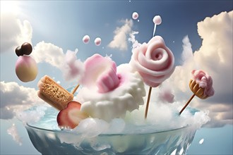 AI generated surreal food art blending a collage of edible objects floating as if defying gravity