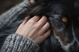 Close up of woman's hand patting dog. KI generiert, generiert, AI generated