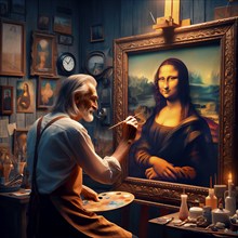 An art forger copies the painting Mona Lisa by Leonardo da Vinci in his workshop, AI generated, AI