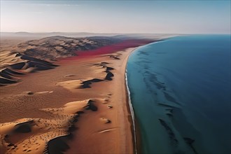 Namib desert from above with deep red dunes meeting the azure atlantik ocean, AI generated