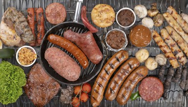 Food, dishes, lots of grilled beef steaks and sausages on a grill, AI generated, AI generated