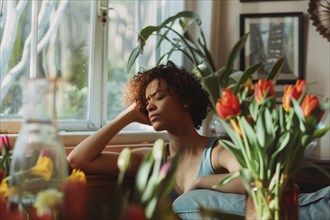 A young woman sits tired and sleepy at a table next to a vase of red flowers in front of a window,