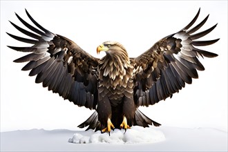 White tailed eagle mid flight wings fully extended on white background, AI generated