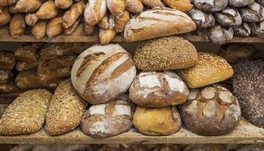 Food, baked goods, many different breads in a bakery, AI generated, AI generated