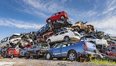 Symbolism, large junkyard with wrecked cars, scrap cars, scrap metal, AI-generated, AI-generated,