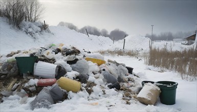 Symbolism, rubbish on the roadside in the snow, AI-generated, AI-generated, AI generated