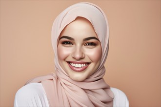 Face of young beautiful muslim woman with hijab headscarf in front of studio background. KI