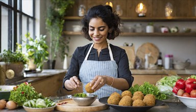 Food, Persian woman preparing falafel, chickpea balls, AI generated, AI generated