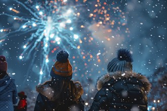 Back view of 2 young people in winter clothes celebrating new year with fireworks. Generative Ai,