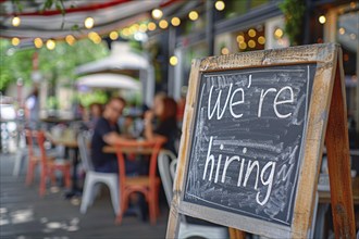 Chalkboard with English text saying 'We're hiring' at restaurant. Concept for labour shortag.