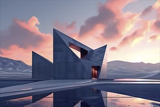 Minimalistic grey colored architecture in geometric adorned structures against a surreal backdrop,