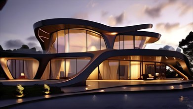 Modern building design with a network of interconnected shapes inspired by the structure of spider