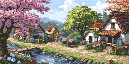 Pixel art illustration of a cozy village in spring with vibrant blooming tress and flowers, AI