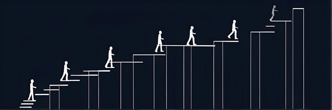 Vector illustration of a person going upstairs as symbol for self growth and personal development,