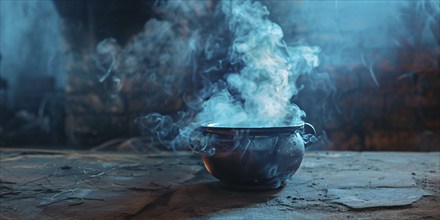 Banner with Halloween witch cauldron with blue smoke. Generative AI, AI generated