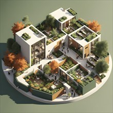 3d render of a compact community of interconnected artists studios in co living, AI generated