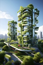 3d rendering of a futuristic green ecological city with skyscrapers draped in vertical gardens, AI