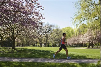 Early morning jogger running through the park, AI generated