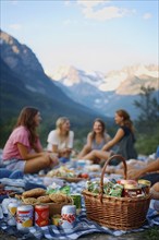 Picnic scene with healthy food and snacks in a mountain scenery, AI generated