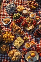 Overhead view of a picnic scene with healthy food and snacks in a sunny park, AI generated