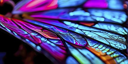 Vibrant butterfly wing with iridescent scales and network of veins, AI generated