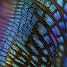 Vibrant butterfly wing with iridescent scales and network of veins, AI generated