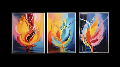 Trio of abstract hand painted oil paintings with vibrant color lines for wall decoration, AI