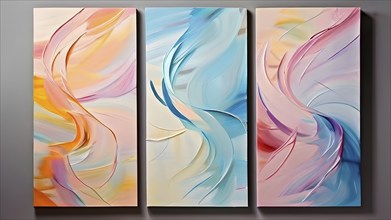 Trio of abstract hand painted oil paintings with vibrant color lines for wall decoration, AI