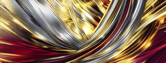 Abstract Illustration of energetic and dynamic swirl of gold, silver, and deep red hues,