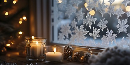 Snow-covered window with frost patterns, candlelight softly glowing through the glass, and warm,