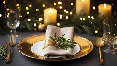 Beautifully decorated Christmas table setting with a golden napkin ring, sparkling cutlery, and a